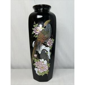 Vintage Kutani Style Black Vase Birds Gold Accents Floral Japan Pheasant MCM
